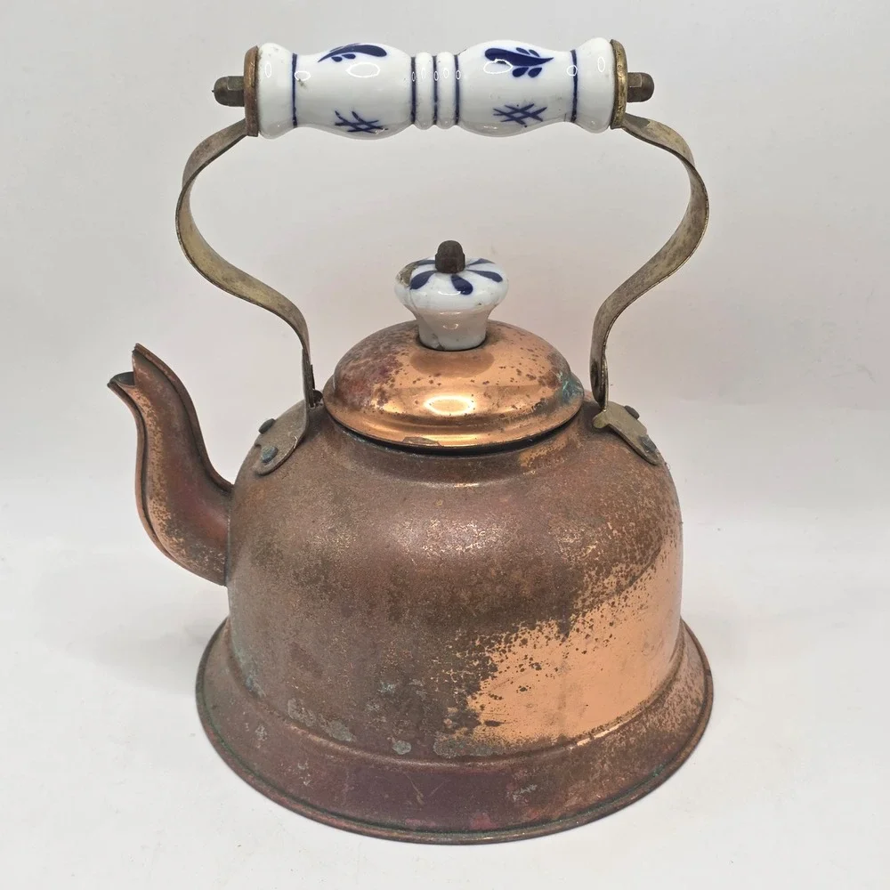 Portugal Copper Tea Kettle Vintage Floral Ceramic Handle Rustic Farmhouse Decor